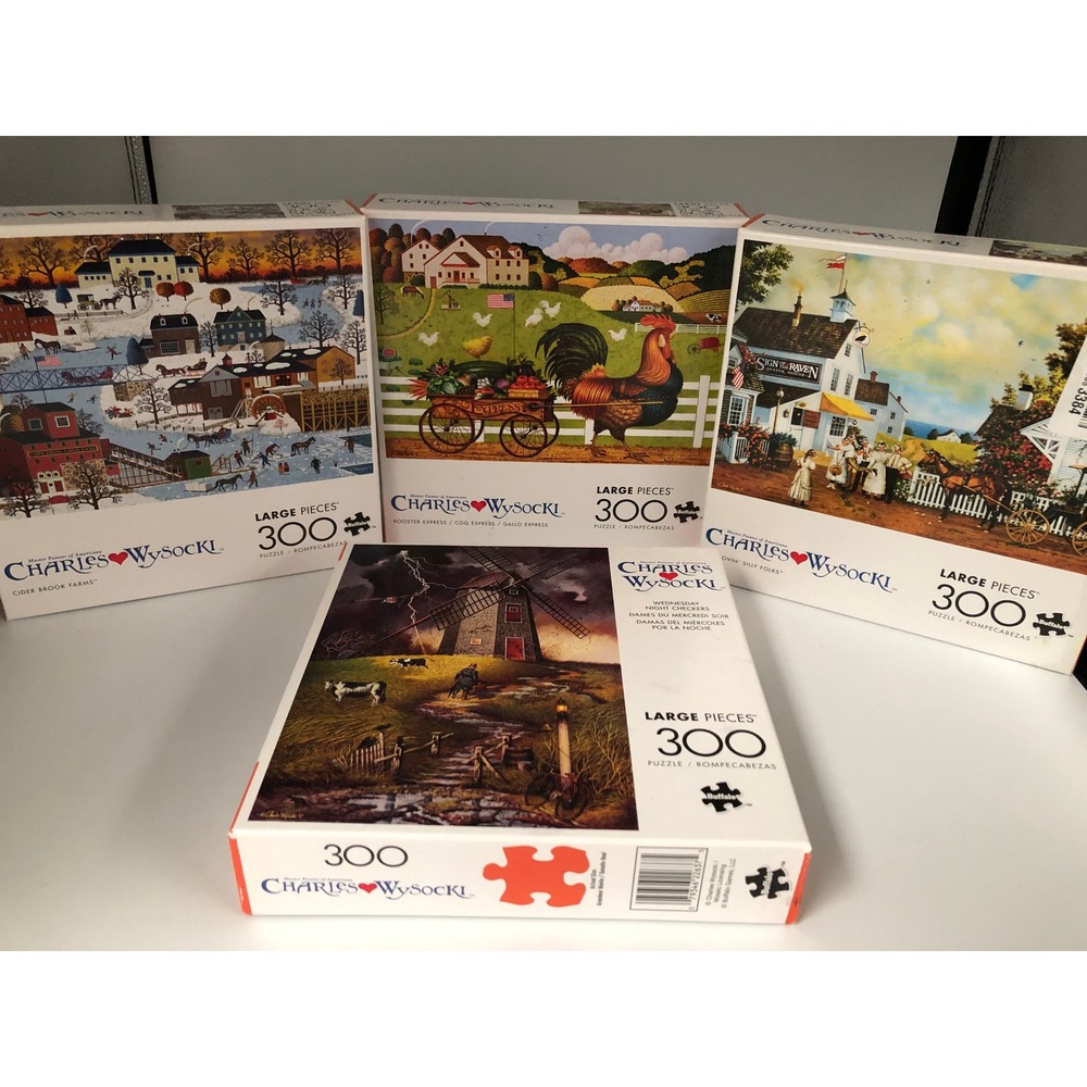 (4) Charles Wysocki 300 Large Piece Puzzles Buffalo Games Americana Folk Art